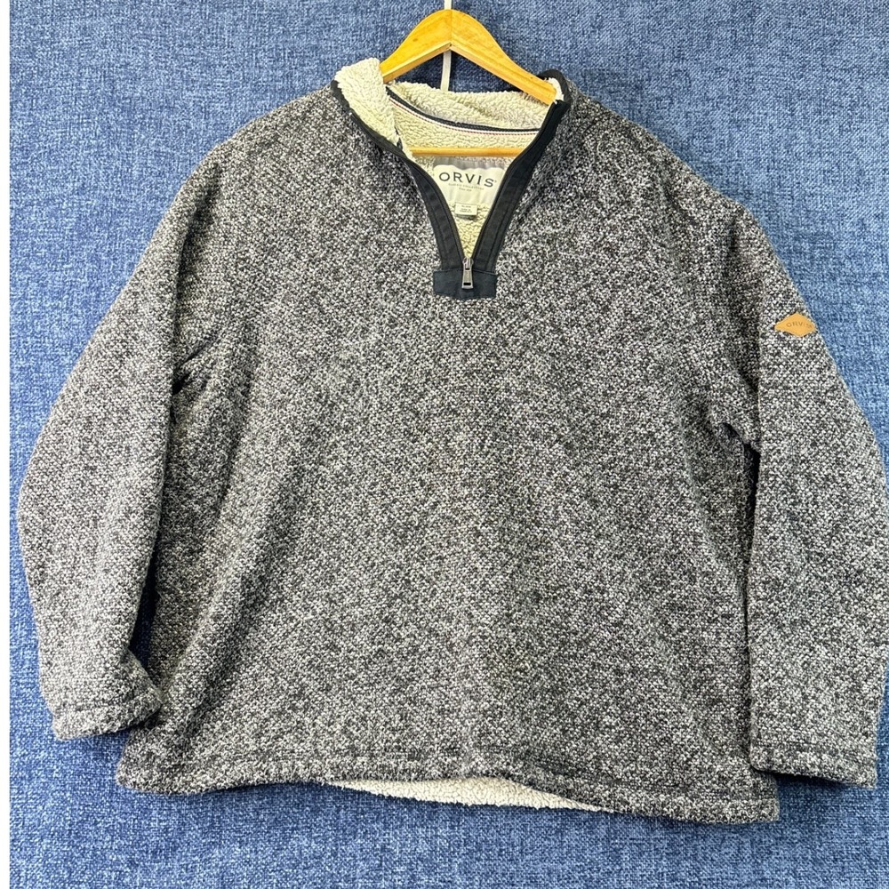 Orvis Quarter Zip Pullover Mens XL Gray Polyester Regular Sherpa Lined Marl